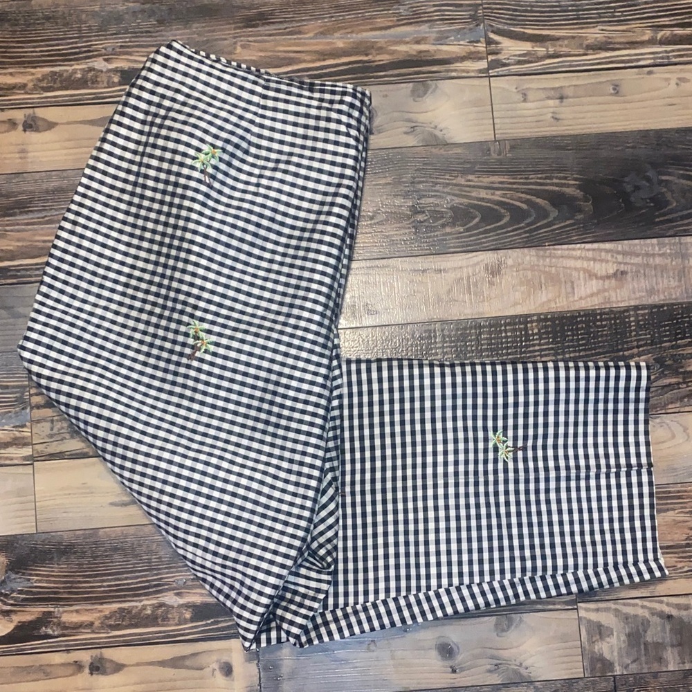 SilkLand 100% Silk Black and White Checkered Pants with palm trees